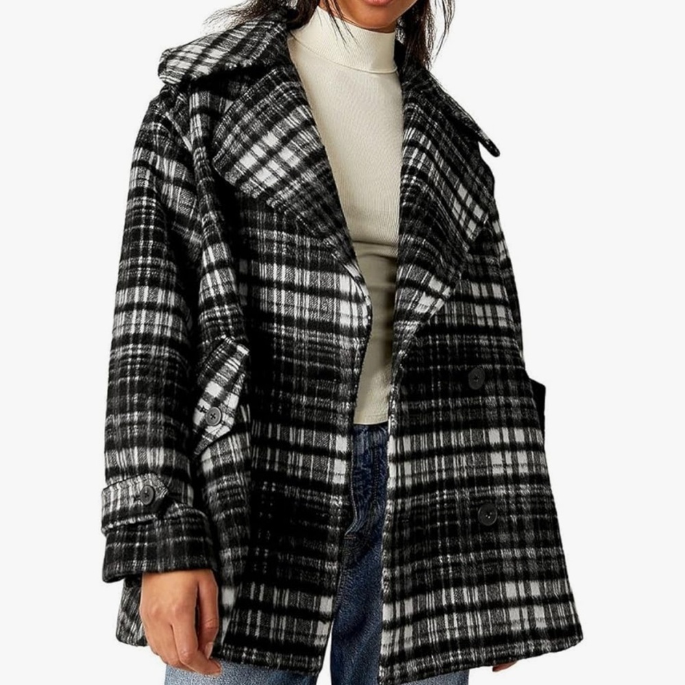 Free People Highlands Wool Black White Plaid Peacoat Oversized Small